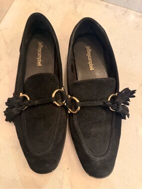 Jeffrey Campbell Black Suede Tassel Loafers with Gold Hardware